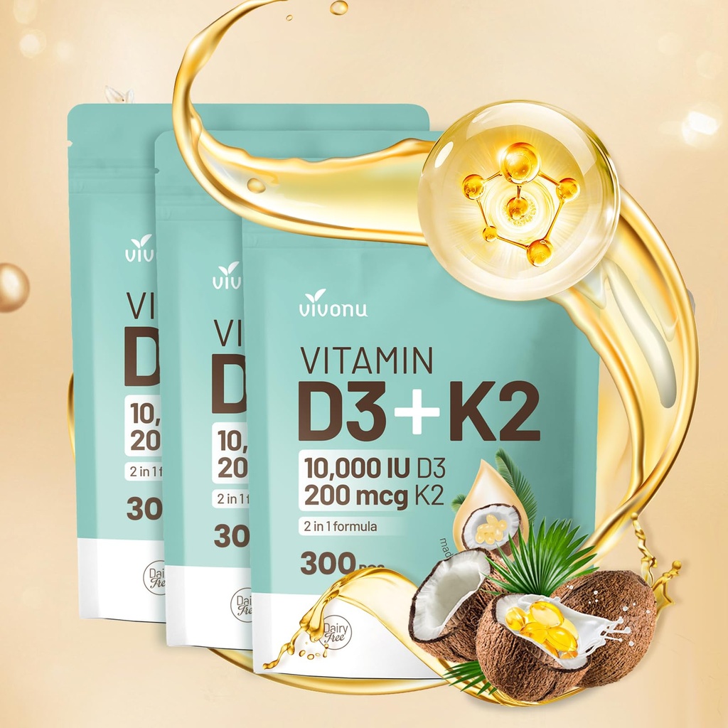 D3 10000 iu Plus K2 (MK-7) 200 mcg, 300 Coconut Oil Softgels / 2 1 VIT D & K Kompleksi | Destekler, Bone, Immune, & Heart Health - Easy to Swallow (900 Softgels /3 Bag)