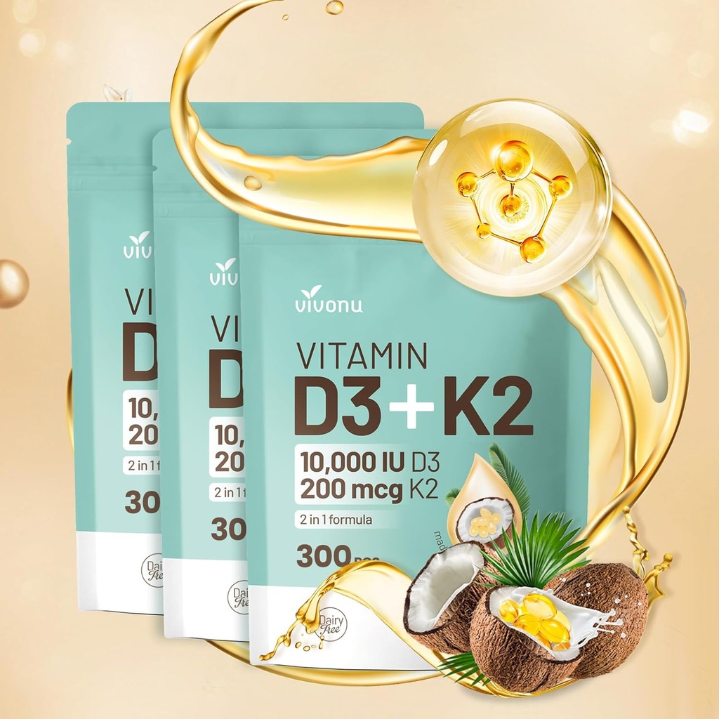 D3 10000 iu Plus K2 (MK-7) 200 mcg, 300 Coconut Oil Softgels / 2 1 VIT D & K Kompleksi | Destekler, Bone, Immune, & Heart Health - Easy to Swallow (900 Softgels /3 Bag)