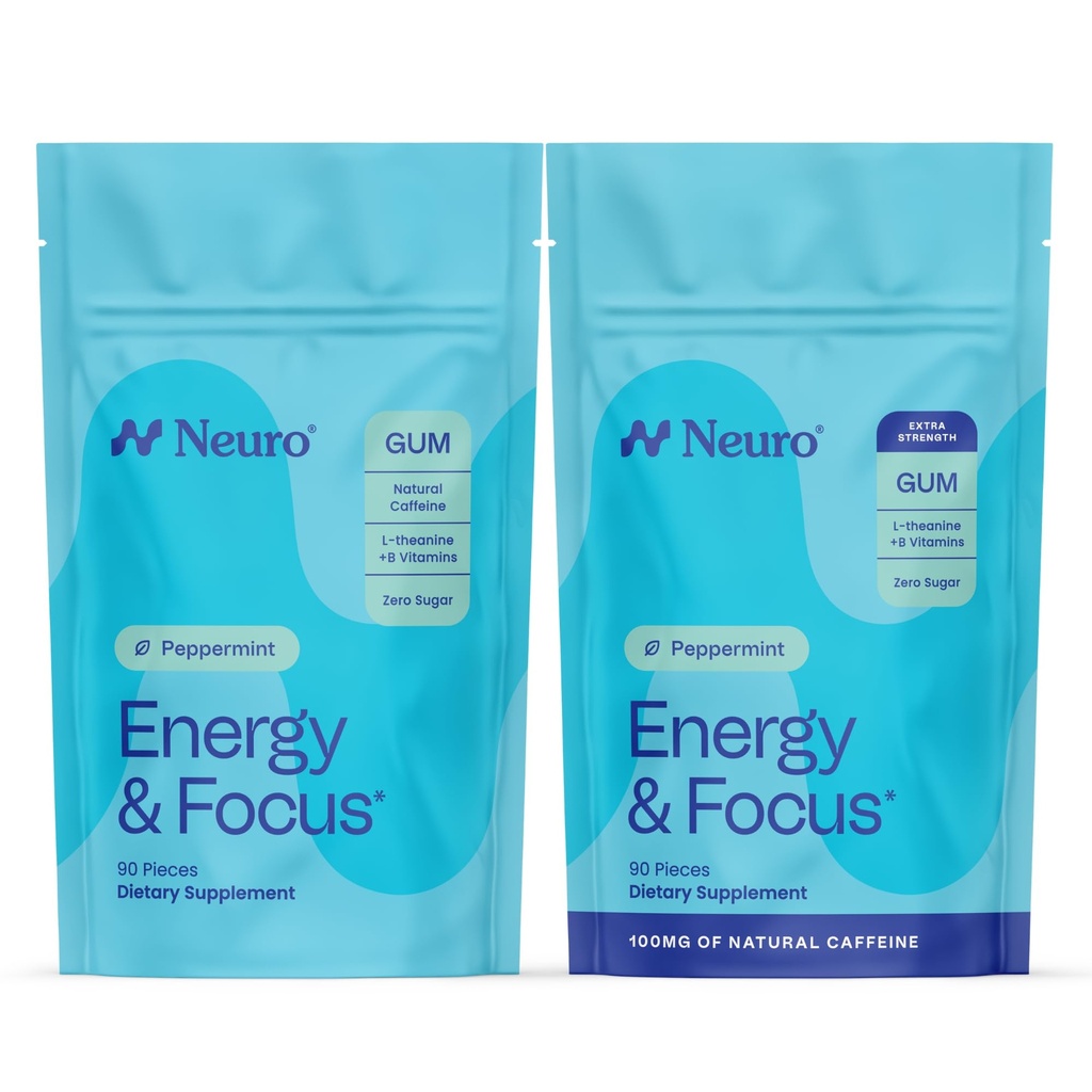 Neuro Energy & Focus Smart Gum Duo – Original & Extra Strength Peppermint Gum (90ct Bags) – Natural Caffeine, L-Theanine, B12 + B6 – Sugar-Free Nootropic Supplement for Clean Focus