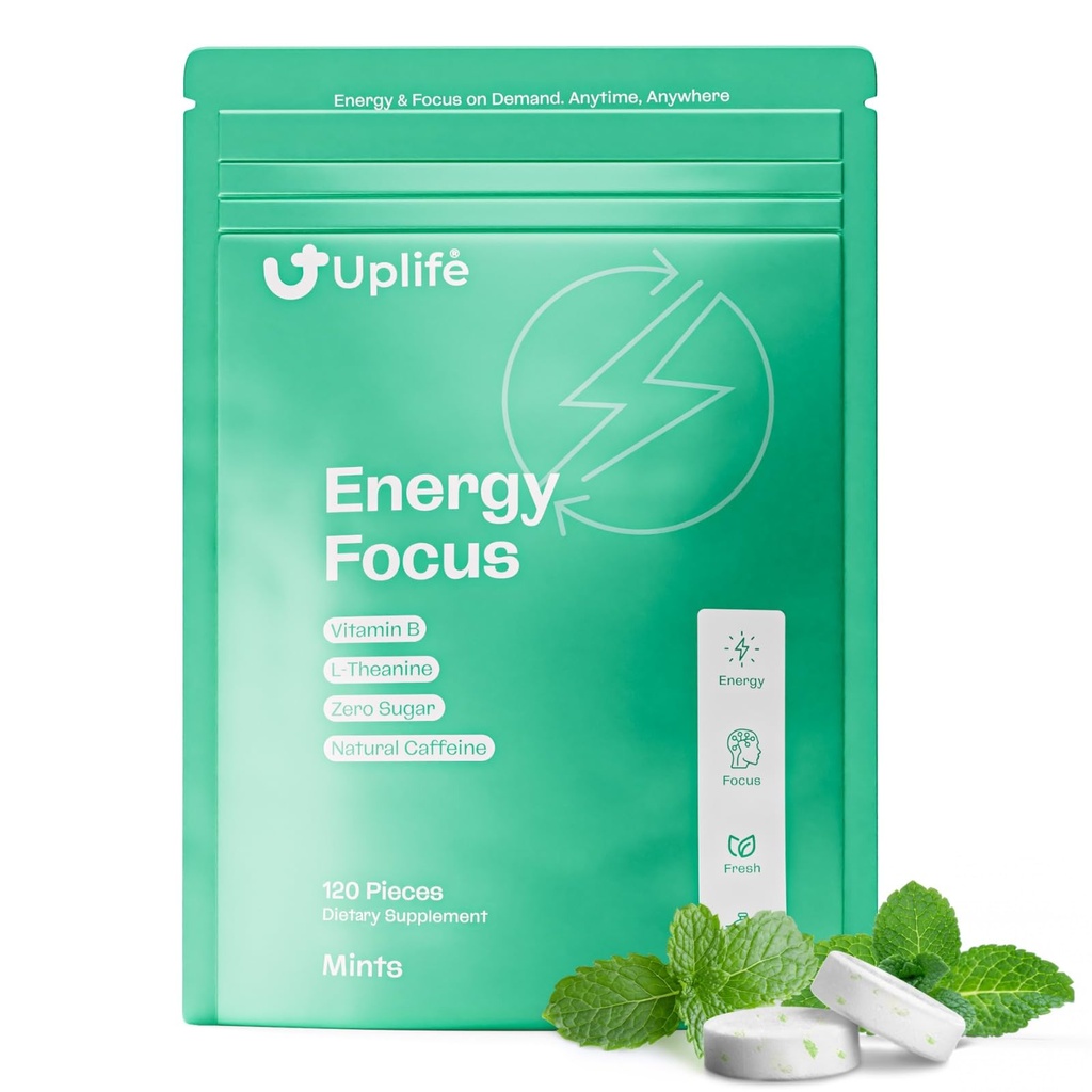 UPLIFE Focus and Energy Mints 120 Pcs – Made in USA - Fast-Acting 40 mg Nootropic Natural Caffeine Gum with 80 mg L-Theanine & B12 Sugar-Free & Vegan Mints for Natural Energy Boost & Freshness