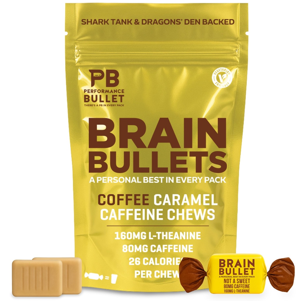 160mg L-Theanine + 80mg Caffeine Chews – Coffee Caramel Flavour, Increases Productivity, Mental Clarity, Alertness | 4 Packs - 16 Servings | Brain Bullet | Energy Gum & Focus Gummy Upgrade