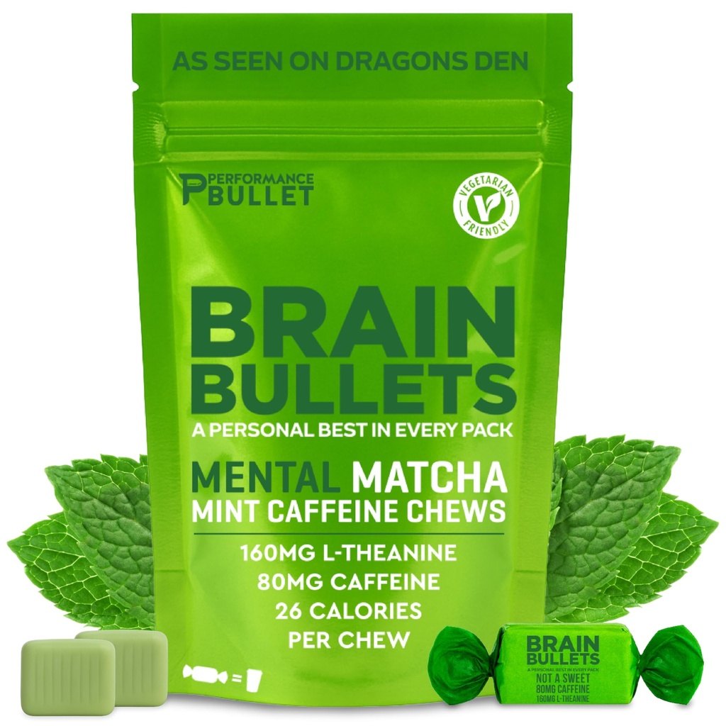 160mg L-Theanine + 80mg Caffeine Chews – Mint Matcha Flavour, Increases Productivity, Mental Clarity, Alertness | 4 Packs - 16 Servings | Brain Bullet | Energy Gum & Focus Gummy Upgrade
