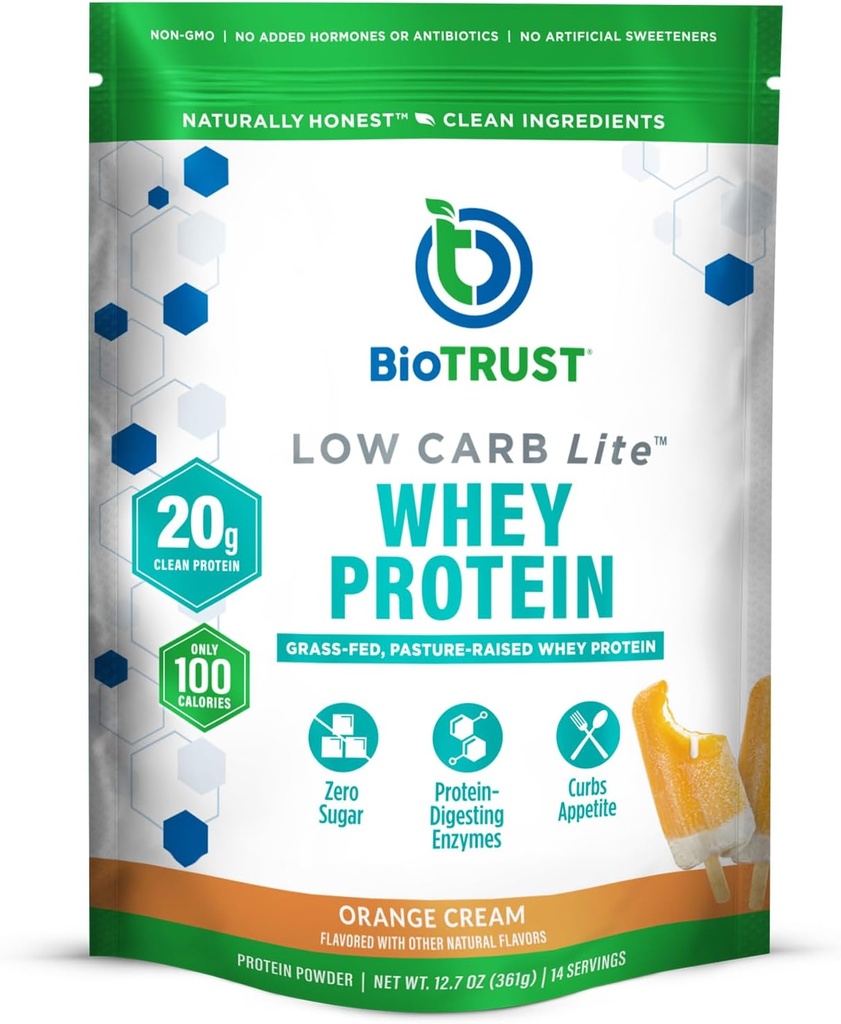BioTrust Low Carb Lite, 20 Grams of Grass-Fed Whey Protein Isolate, 100 Calories, ProHydrolase Digestive Enzymes, Non-GMO, Free from Soy and Gluten, rBGH-Free (14 hizmet) (Orange Cream)