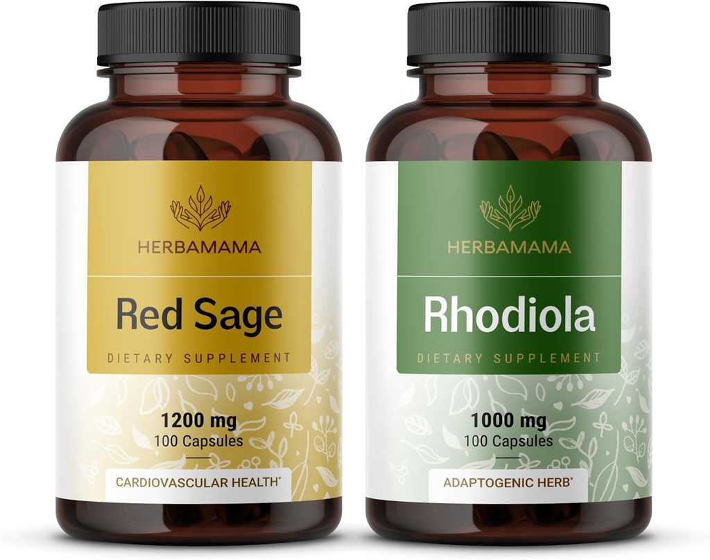 HERBAMAMA Red Sage ve Rhodiola Kit - 1200 mg Red Sage Dan Shen & 1000 mg Rhodiola Rosea Capsules - Vegan, Non-GMO, Sugar & Gelatin-Free - 2 Pack