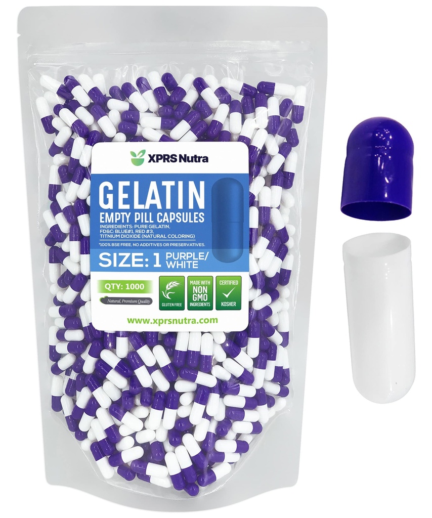 XPRS Nutra Size 1 Empty Capsules - 1000 Count Empty Gelatin Capsules - Empty Pills DIY Capsule Filling - Pure Bovine Pill Gel Caps for Do-It-Yourself Supplements (Purple/White)