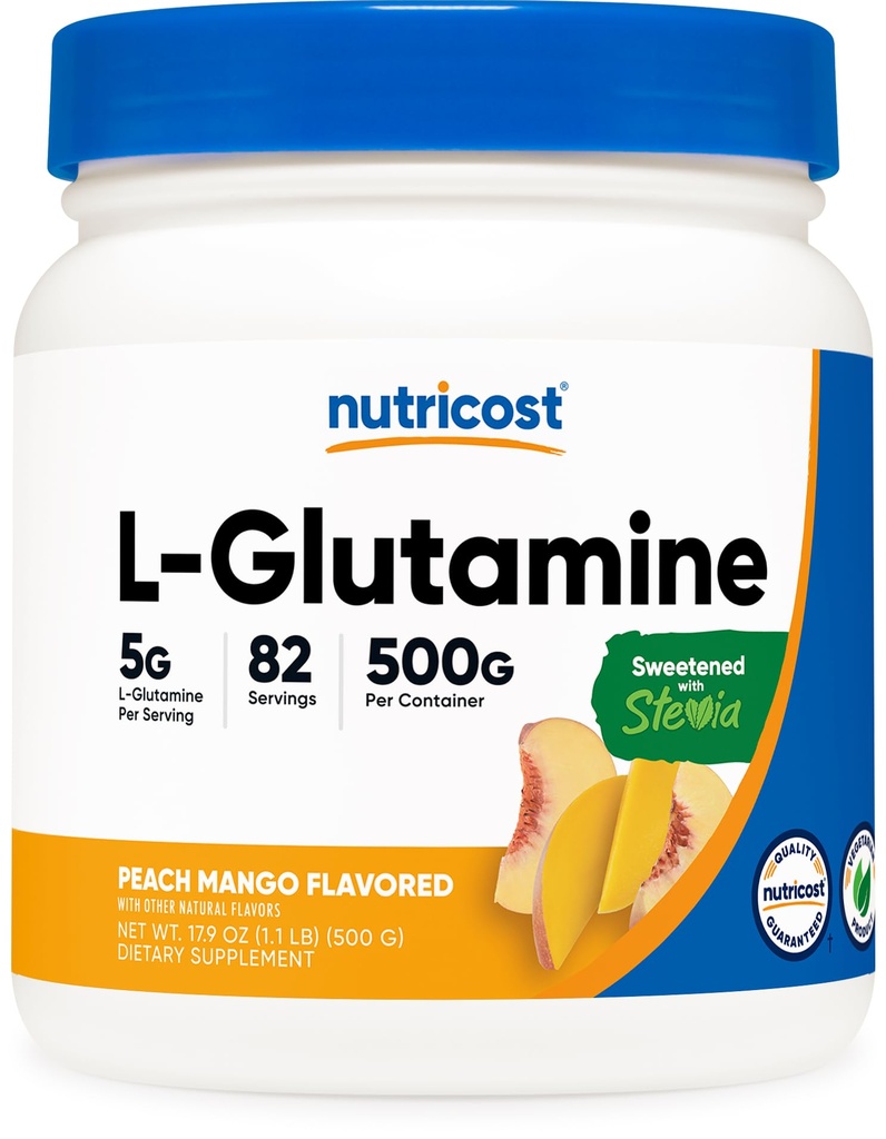 Nutricost L-Glutamine σκόνη γλυκασμένη με Stevia (500 γραμμάρια, Ροδάκινο Mango) - συμπλήρωμα για την υποστήριξη κόκκων, 5 γραμμάρια L-Glutamine ανά υπηρεσία - Χωρίς γλουτένη, μη ΓΤΟ