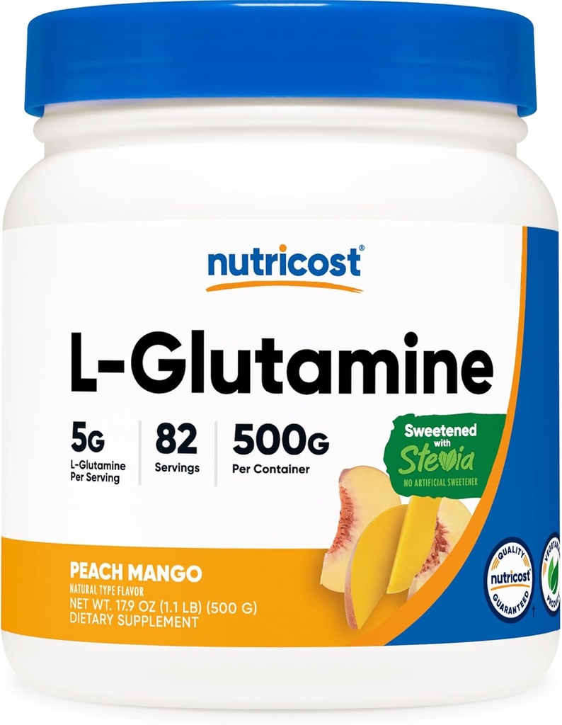 Nutricost L-Glutamine Toz Stevia (500 Grams, Peach Mango) - Gut Desteği için Tamam, 5 Grams of L-Glutamine Per Service - Gluten Free, Non-GMOMO
