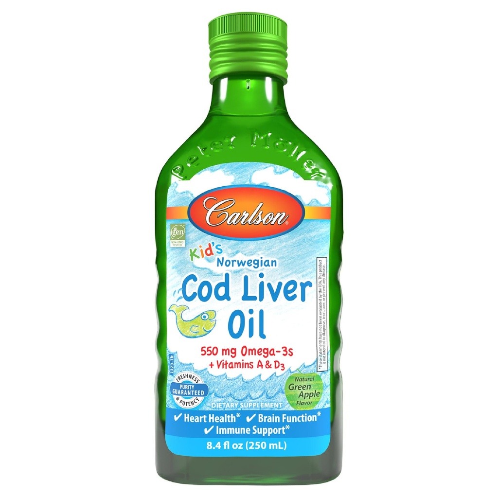 Carlson - Kid's Cod Liver Oil, 550 mg Omega-3s, Plus Βιταμίνες A και D3, Liquid Fish Oil, Wild Caught Norwegian Arctic Cod, Sustainablely Sourced Nordic Fish Oil, Green Apple, 250 mL (8.4 fl Oz)