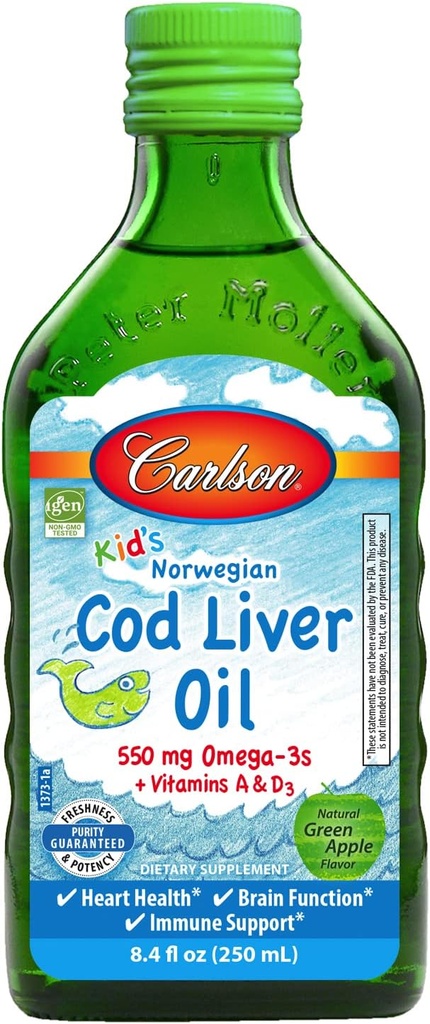 Carlson - Kid's Cod Liver Oil, 550 mg Omega-3s, Plus Βιταμίνες A και D3, Liquid Fish Oil, Wild Caught Norwegian Arctic Cod, Sustainablely Sourced Nordic Fish Oil, Green Apple, 250 mL (8.4 fl Oz)