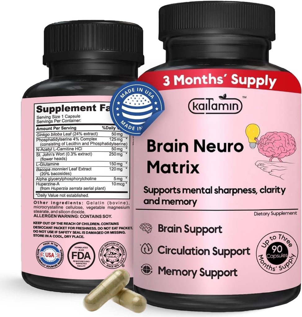 Memory & Focus Nootropic – Ginkgo Biloba & Huperzine A – Vegan, Natural, Caffeine-Free – Öğrenciler için Clarity & Mood, Seniors & Professionals – 90 Caps 3-Month Supply