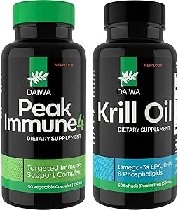 Daiwa Peak Immune 4 - Natural Immune System Booster + Daiwa Krill Oil – Omega 3 Krill Oil Capsules