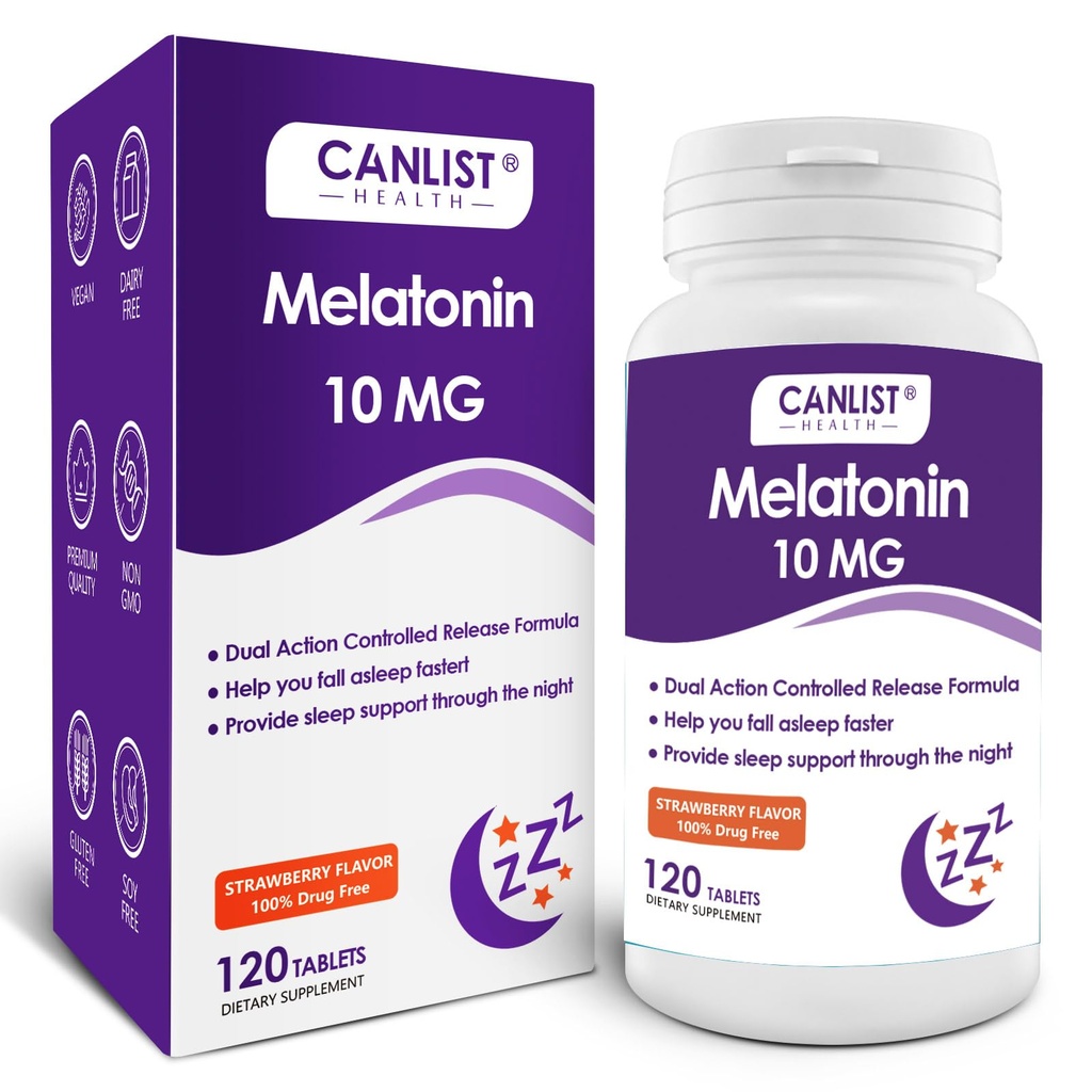 CANLIST Extra Strength Melatonin 10mg Tablets, Sleep Support, Fall Asleep Faster, Non-Habit Forming Sleep Aids for Adults, Sleep Cycle Regulation, Vegan, Non-GMO & Gluten-Free, 120 Tablets