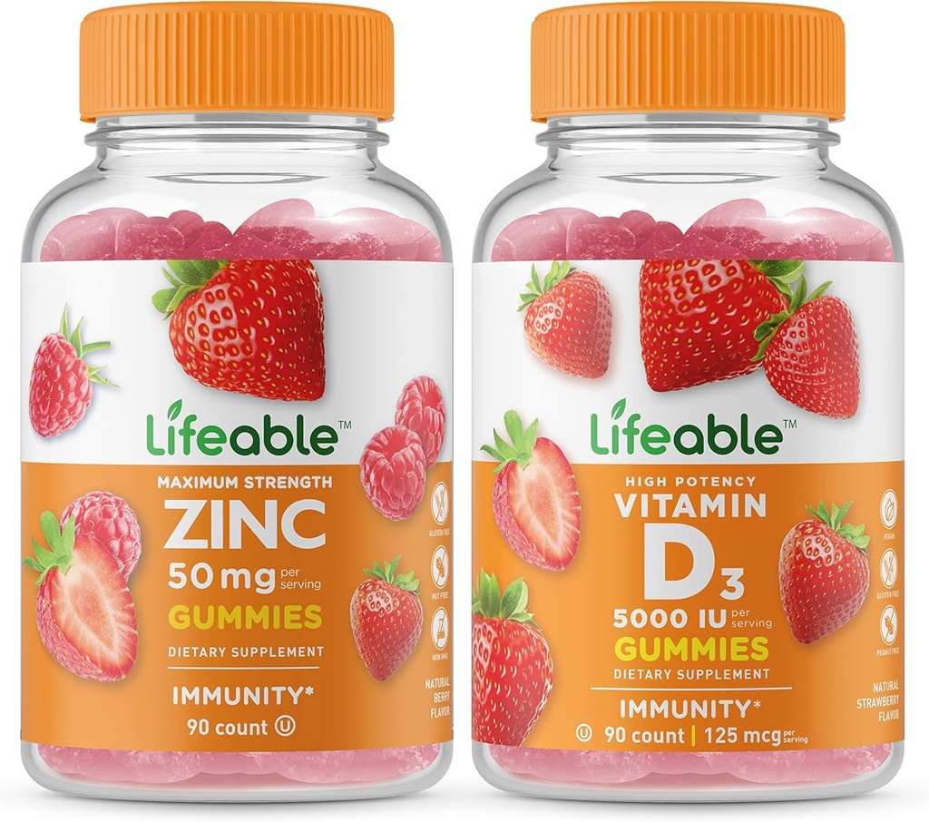 Ζωοποιήσιμος ψευδάργυρος 50mg + βιταμίνη D 5000 IU, Gummies Bundle - Μεγάλη γεύση, συμπλήρωμα βιταμίνης, χωρίς γλουτένη, GMO δωρεάν, μασώμενη κοιλιά
