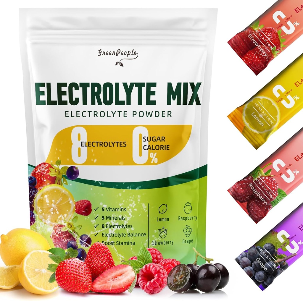 GREENPEOPLE Electrolytes Toz No Sugar - Sugar Free Hydration Electrolyte Packets - Meyve Flavors Electrolyte Drink Mix - 8 Electrolytes 5 Vitamins & Minerals Vegan Non-GMO 16 Sticks