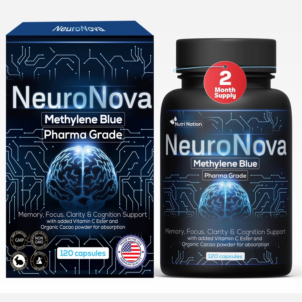 Methylene Blue Pharmaceutical Grade Capsules, 120 Count, 2 Month Supply for Focus & Cognitive Support for Adults - Third Party Tested and Made in USA