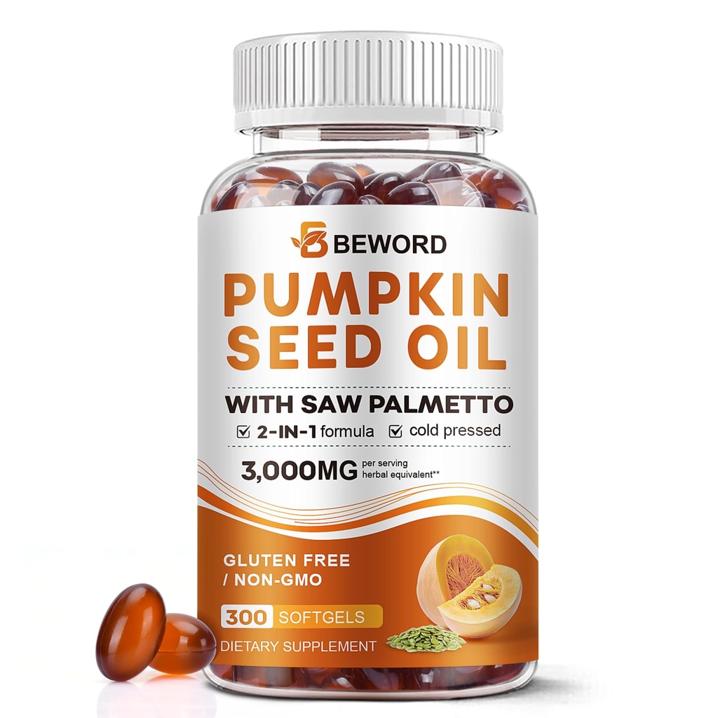 Pumpkin Seed Oil with Saw Palmetto Capsules, 3000mg/serving, 300 Softgels | Cold Pressed, Pure Virgin Oil, Essential Fatty Acids & Phytosterols | Supports Hair, Urinary, Bladder & Prostate Health
