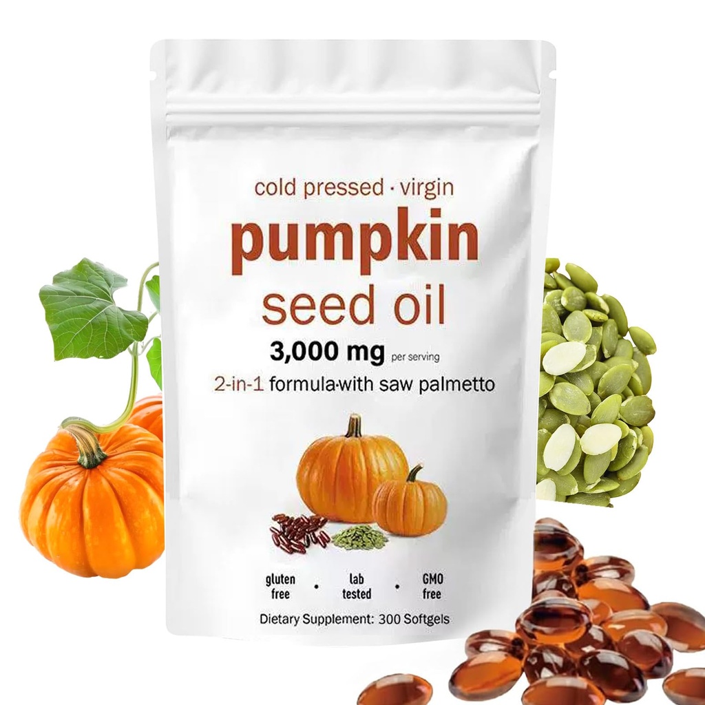 Pumpkin Seed Oil Capsules with Saw Palmetto – 300 Softgels | Cold Pressed, Pure Virgin Oil | Supports Hair, Urinary, Bladder & Prostate Health | Non-GMO