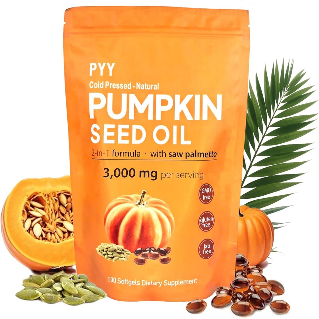 PYY Cold-Pressed Pumpkin Seed Oil & Saw Palmetto Softgels | 100 Softgels | Rich in Essential Fatty Acids & Phytosterols | Promotes Healthy Hair, Urinary Function, Bladder & Prostate Support