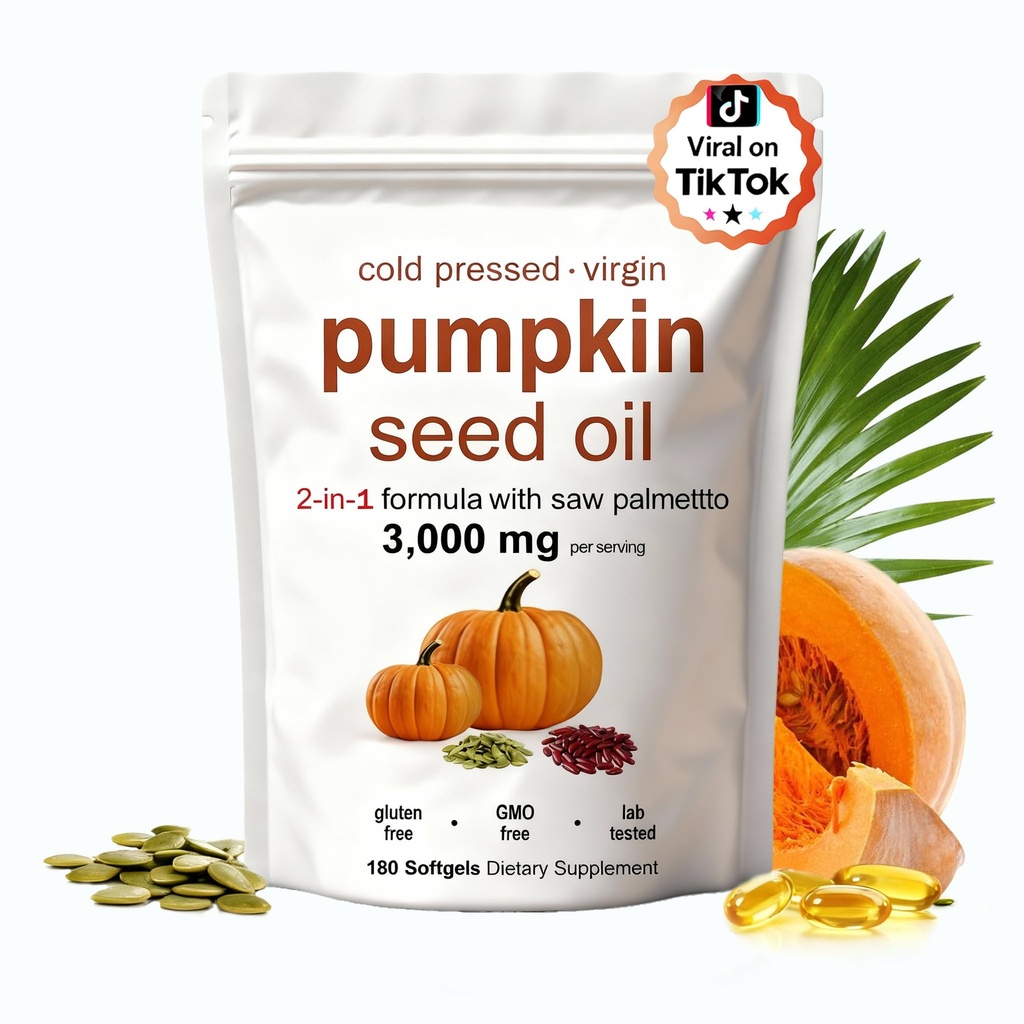 Pumpkin Seed Oil, Pumpkin Seed Oil Capsules with Saw Palmetto | 3000mg Cold Pressed | for Hair Growth - Non-GMO - 180 Softgels（N-1）