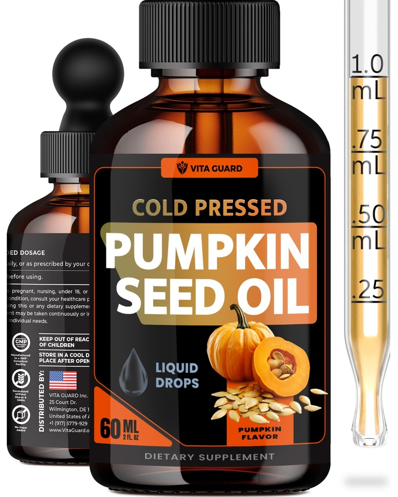 Vita Guard Cold Pressed Pumpkin Seed Oil Liquid Drops – 2000mg per Serving | Vegan, Gluten-Free, Non-GMO | Hair, Skin & Prostate Support | Natural Pumpkin Flavor | 60ml Dietary Supplement