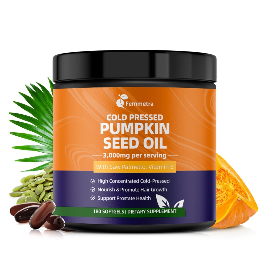 Pumpkin Seed Oil Capsules with Saw Palmetto, High Concentrated Pumpkin Seed Oil Supplement for Hair Growth, Urinary, Bladder & Prostate Health, Cold Pressed, Vegan, Non-GMO, 180 Softgels