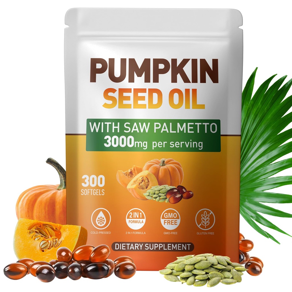 Pumpkin Seed Oil Capsules - Saw Palmetto Pumpkin Seed Oil 300 Softgels Prostate Health, Immune and Urinary Tract Support Promotes Hair Growth - Pure Non GMO