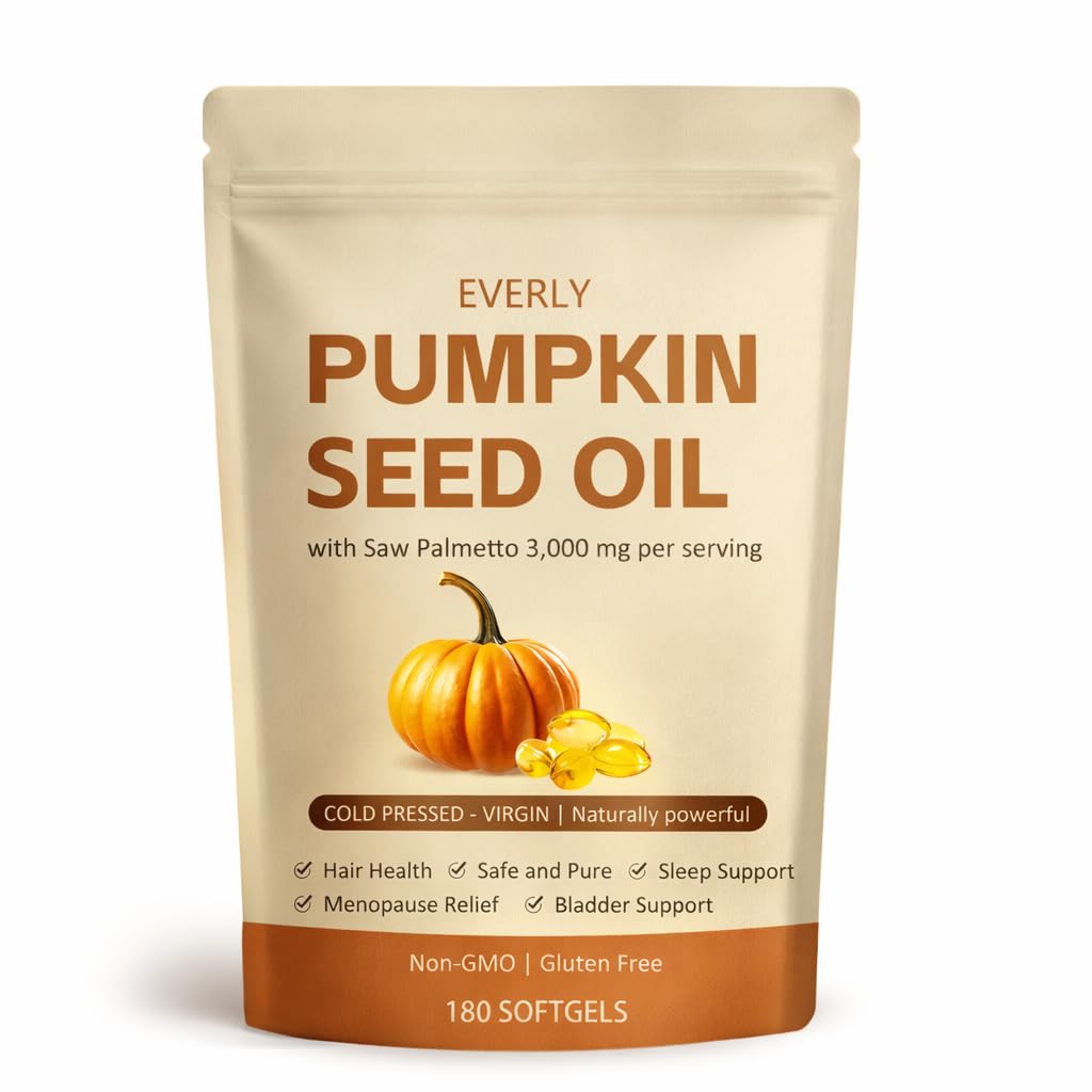 Everly Pumpkin Seed Oil with Saw Palmetto,Cold Pressed, Pure Virgin Oil,Essential Fatty Acids, & Phytosterols | Non-GMO,180 SOFTGELS