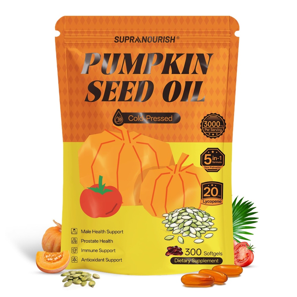 Pumpkin Seed Oil 3000mg | Saw Palmetto 300mg + Lycopene 20mg | 300 Softgels (100 Days) | High Potency Prostate, Urinary & Hair Support | Cold Pressed Supplement