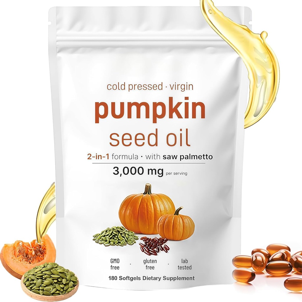 Pumpkin Seed Oil Capsules with Saw Palmetto – 3000mg Cold-Pressed Blend for Hair Growth, Prostate & Urinary Support – Non-GMO Herbal Supplement (180 Softgels)