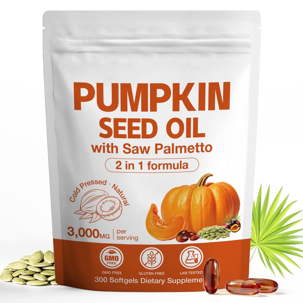 3000mg Max Strength Pumpkin Seed Oil + Saw Palmetto Capsules (300 Softgels) - Cold-Pressed Blend, Supports Hair Growth, Prostate Health & Urinary Tract, Bladder Support, Immune Boost, Non-GMO