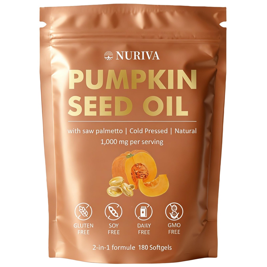 NURIVA Pumpkin Seed Oil with Saw Palmetto – Cold Pressed, Pure Virgin Oil, Rich in Essential Fatty Acids & Phytosterols – Supports Hair, Urinary & Prostate Health – Non-GMO, 100% Natural(1pc)
