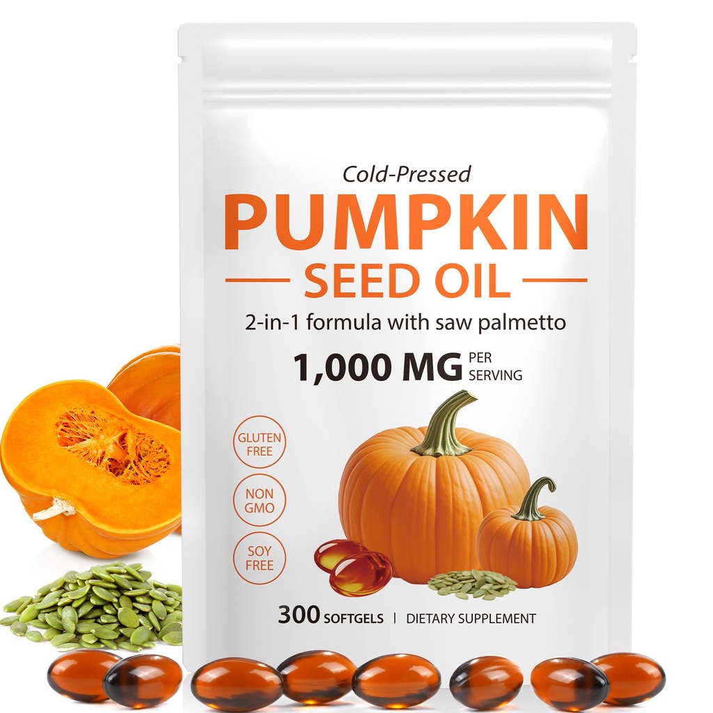 Pumpkin Seed Oil with Saw Palmetto Capsules, 300 Softgels Cold Pressed, Pure Virgin Oil, Essential Fatty Acids & Phytosterols, Supports Hair, Urinary, Bladder & Prostate Health, Dietary Supplement