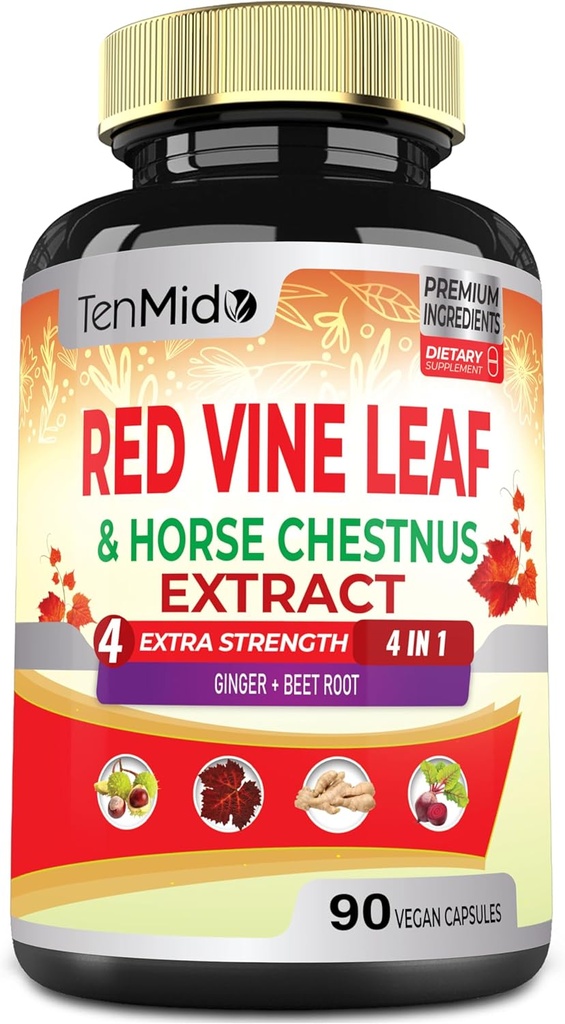 Red Vine Leaf Extract Capsules - Horse Chestnut, Beet Root, Ginger - Herbal Supplement for Heart, Leg Vein & Energy - 45 Days için Vegan Capsules