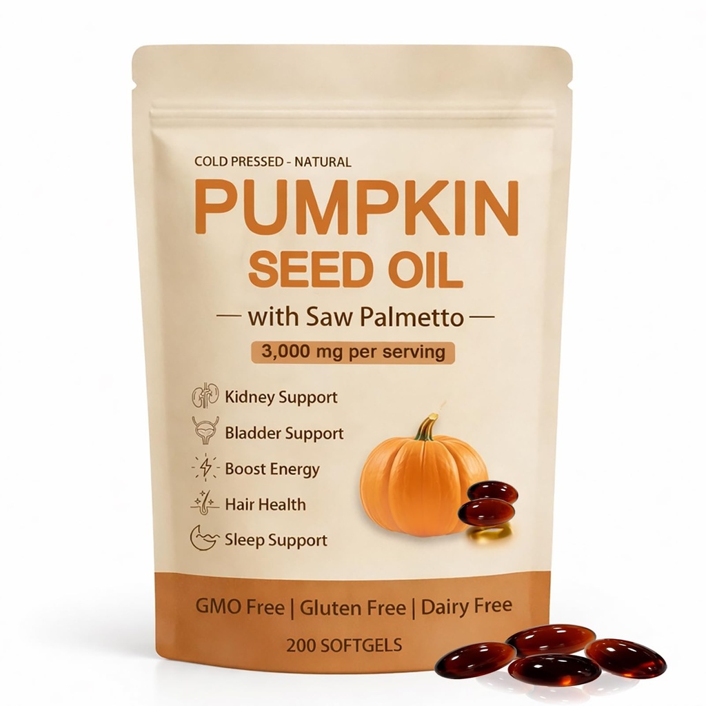 wuliao Pumpkin Seed Oil Softgels 3000mg with Saw Palmetto – Supports Kidney Wellness & Bladder Comfort, Thicker Fuller-Looking Hair, Steady Energy & Daily Vitality – Non-GMO, Gluten-Free (1)
