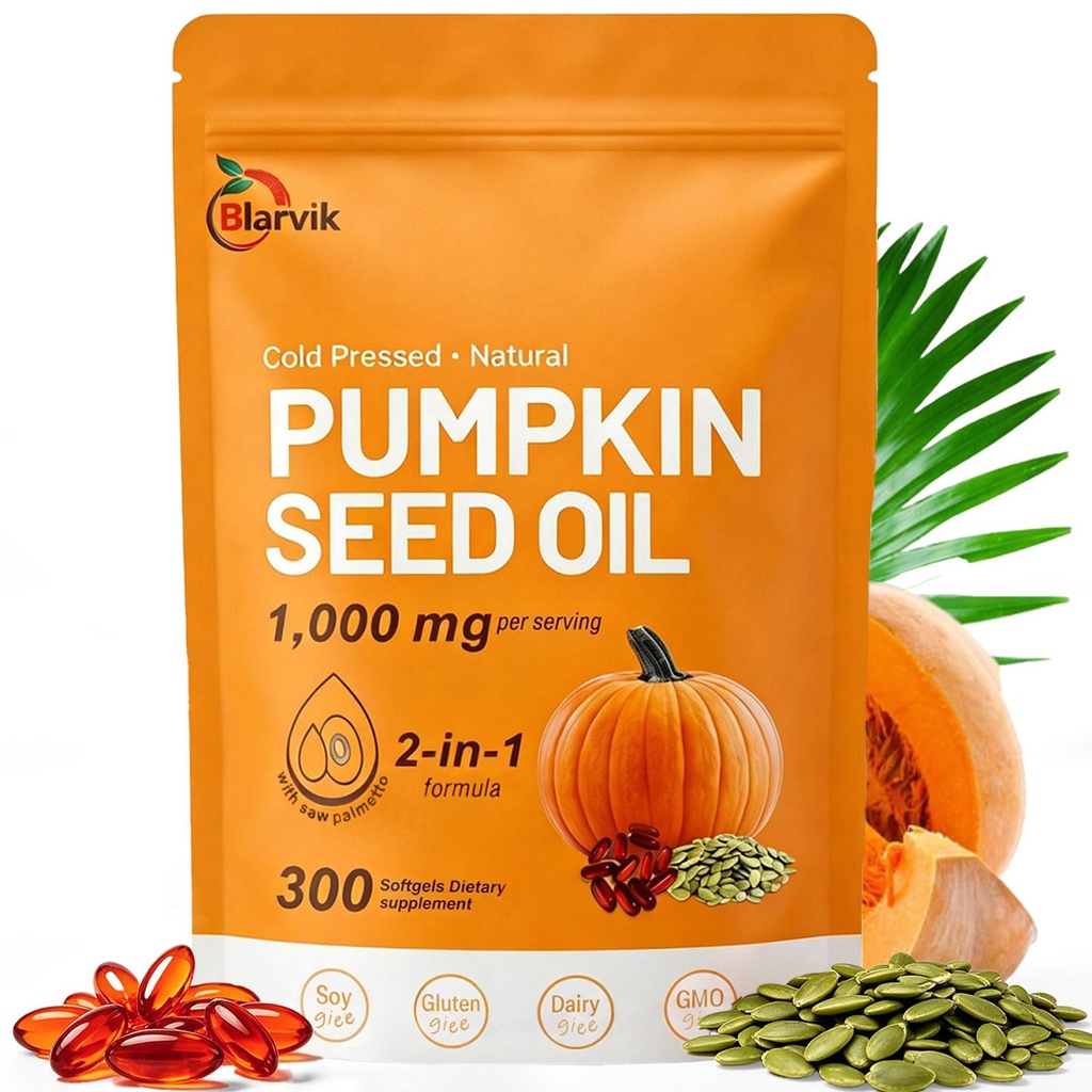Pumpkin Seed Oil Capsules with Saw Palmetto – 300 Softgels | Cold Pressed,Pure Virgin Oil | Supports Hair, Urinary, Bladder & Prostate Health | Essential Fatty Acids & Phytosterols | Non-GMO