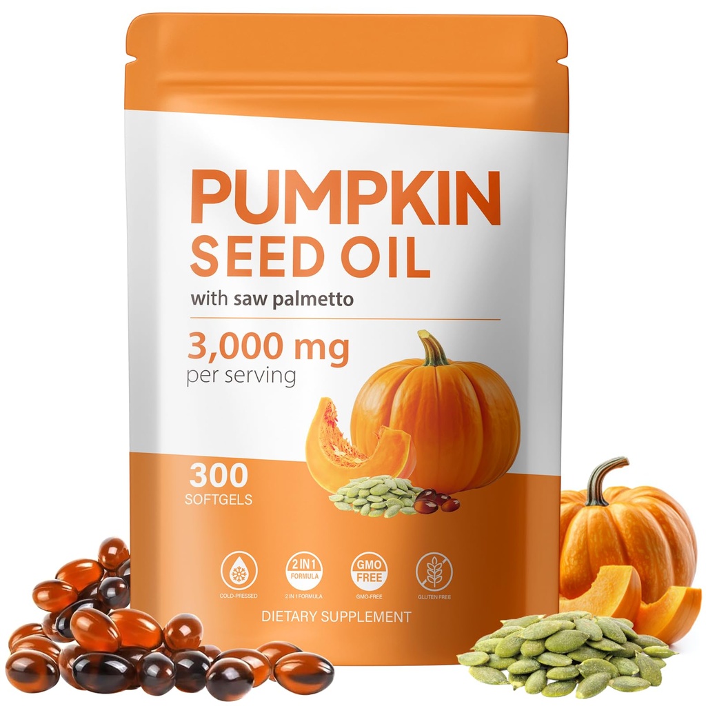 Pumpkin Seed Oil with Saw Palmetto Capsules - Advanced Pumpkin Seeds Oil Supplement, Cold Pressed, Pure Virgin Оil, Non-GMO - Supports Hair, Urinary, Bladder & Prostate Health, 300 Softgels