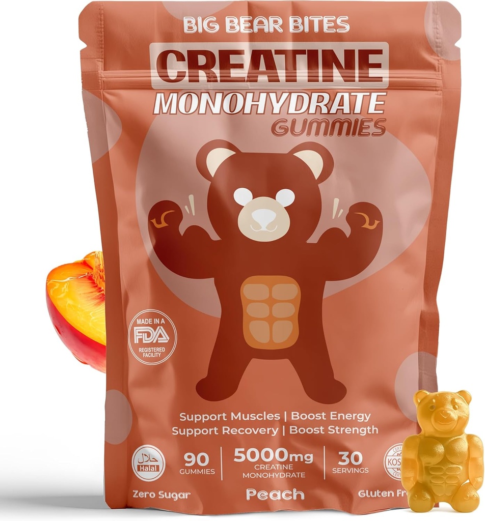 Erkekler ve Kadınlar için Kretine Monohidrat Gummies | Servis başına Kretine Gummies | Sugar, Gluten Free & Halal | Pre Workout & Muscle Recovery için 90 Paket | Peach Flavor