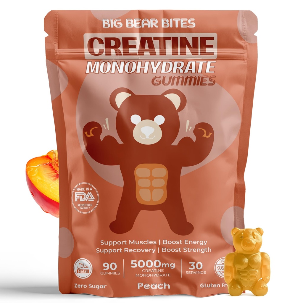 Erkekler ve Kadınlar için Kretine Monohidrat Gummies | Servis başına Kretine Gummies | Sugar, Gluten Free & Halal | Pre Workout & Muscle Recovery için 90 Paket | Peach Flavor
