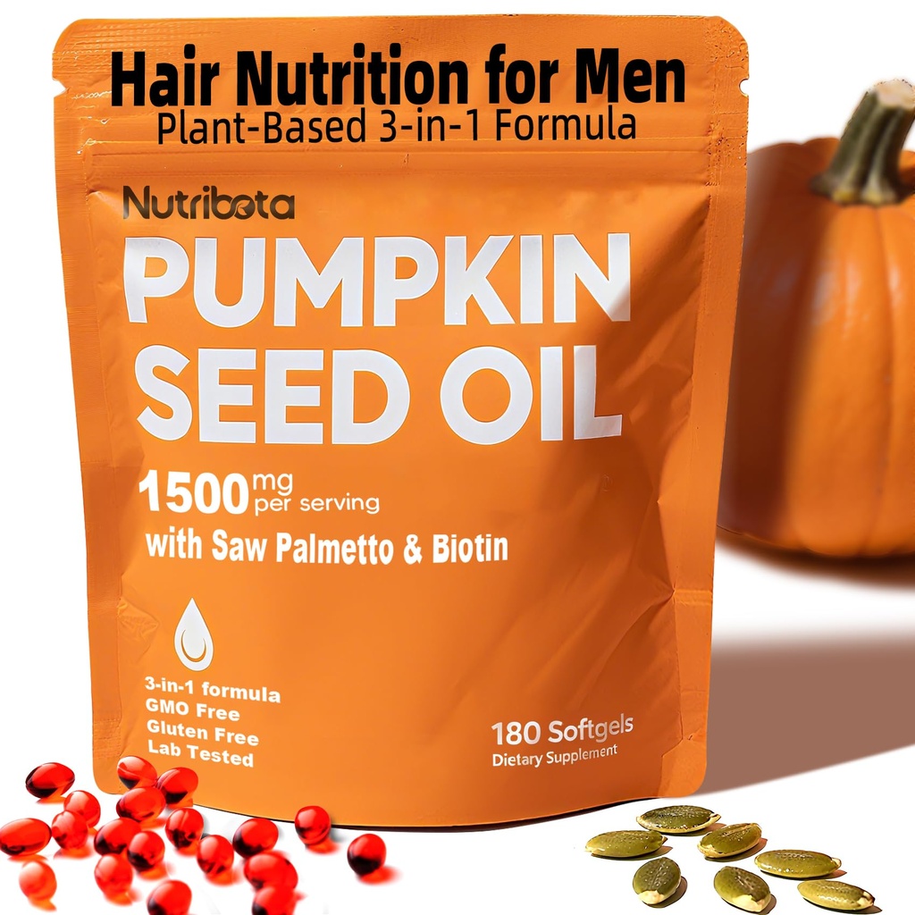 Pumpkin Seed Oil Supplement 1500 mg per Serving with Saw Palmetto & Biotin, Advanced 3-in-1 Plant-Based Men’s Wellness & Hair Nutrition Formula, Non-GMO, Gluten Free, Lab Tested Softgels
