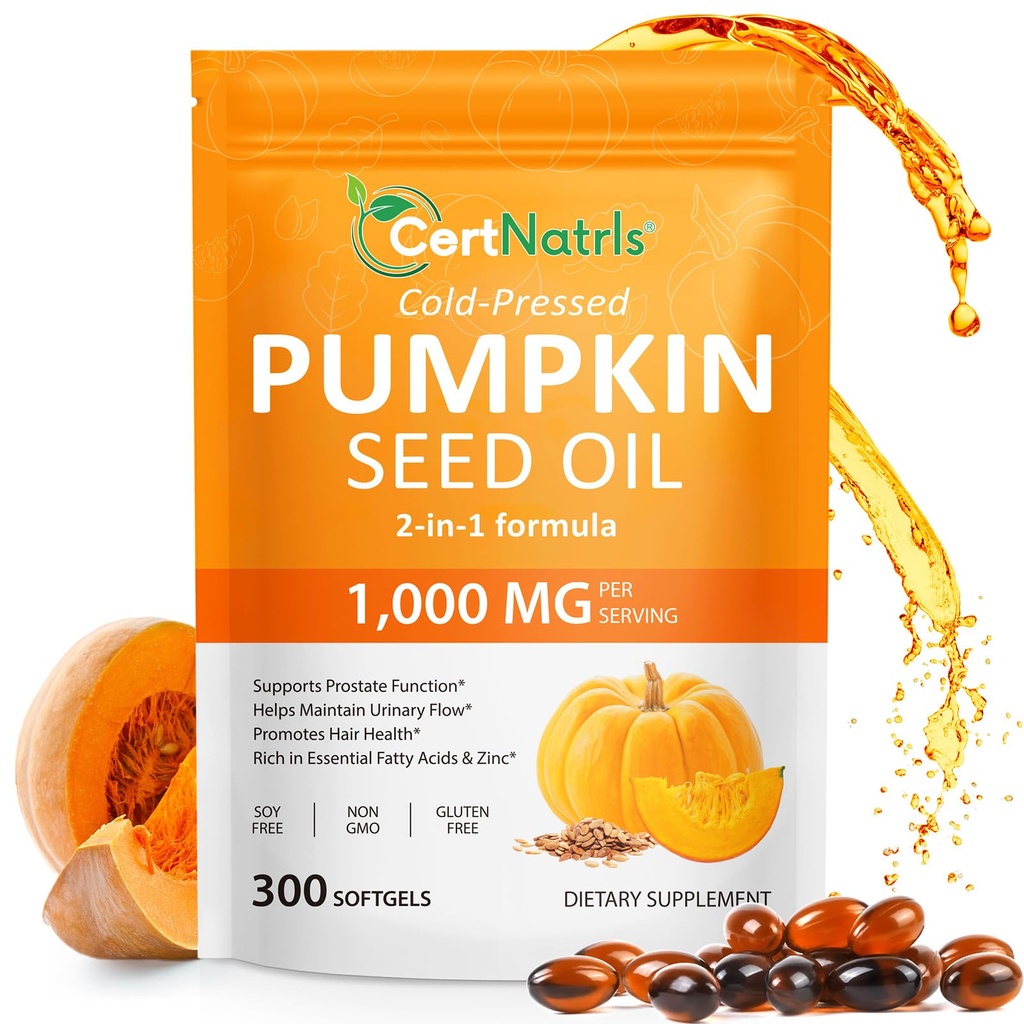 Pumpkin Seed Oil Capsules with Saw Palmetto, 300 Softgels Pumpkin Seed Oil for Hair Growth, Supports Urinary, Bladder & Prostate Health, Cold Pressed & Pure Virgin, Gluten Free, Non-GMO, SOY FREE