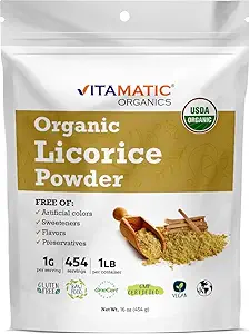 Vitamatic Sertifikalı USDA Organik Licorice Root Toz – 1 lb (16 oz) Ayrıca Malethi veya Mulethi | Pure Glycyrrhiza Glabra | Destekler Respiratory, Digestive, & Immune Health