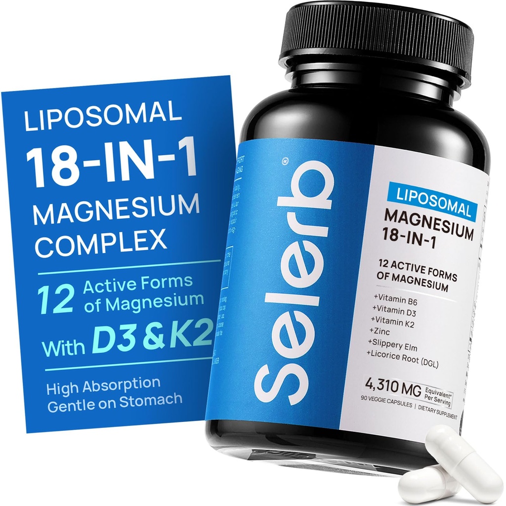 18 in 1 Magnesium Complex for Women and Men | Liposomal Magnesium Supplement with Glycinate, Citrate, Malate, Taurate, D3 & K2 | High Absorption for Muscle, Sleep, Bone, Nerve Support | 90 Capsules