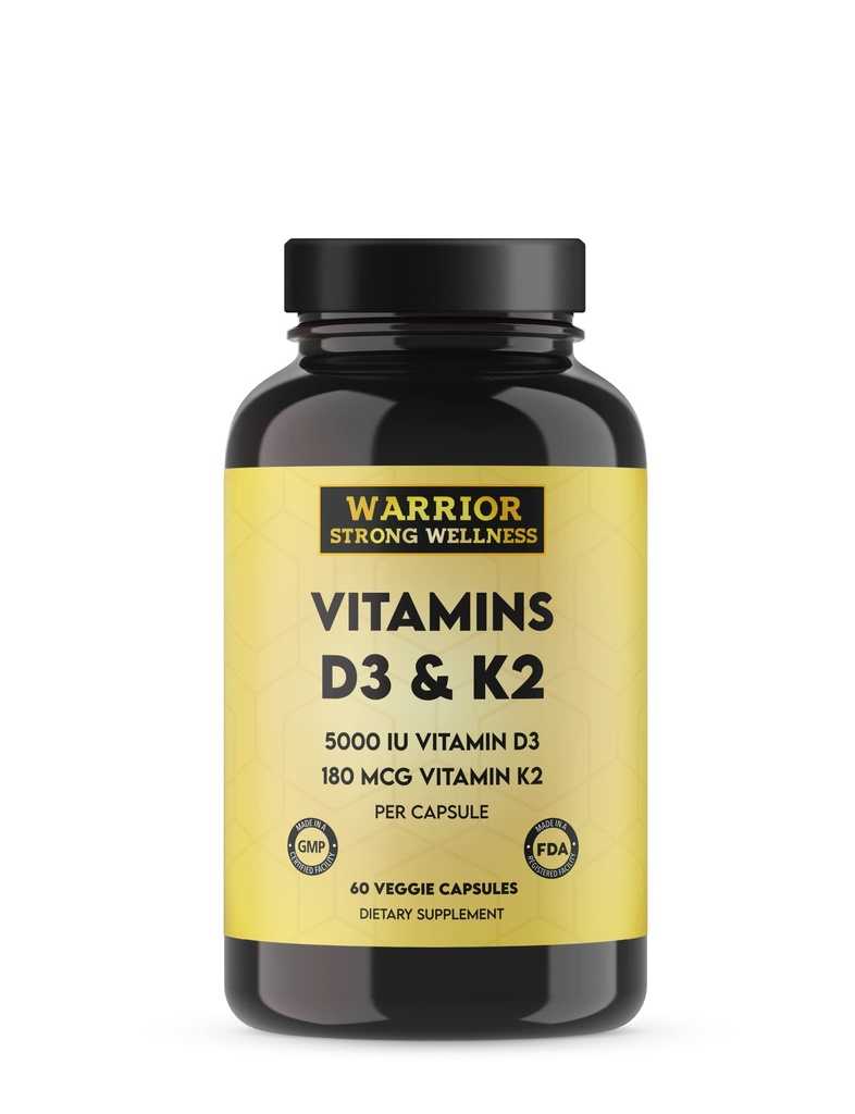 Vitamin D3 and K2 Supplement - 5000IU Vitamin D3 and 180MCG Vitamin K2 Supplement - Immune, Heart Health - 2 Month-Supply, 60 Veggie Capsules