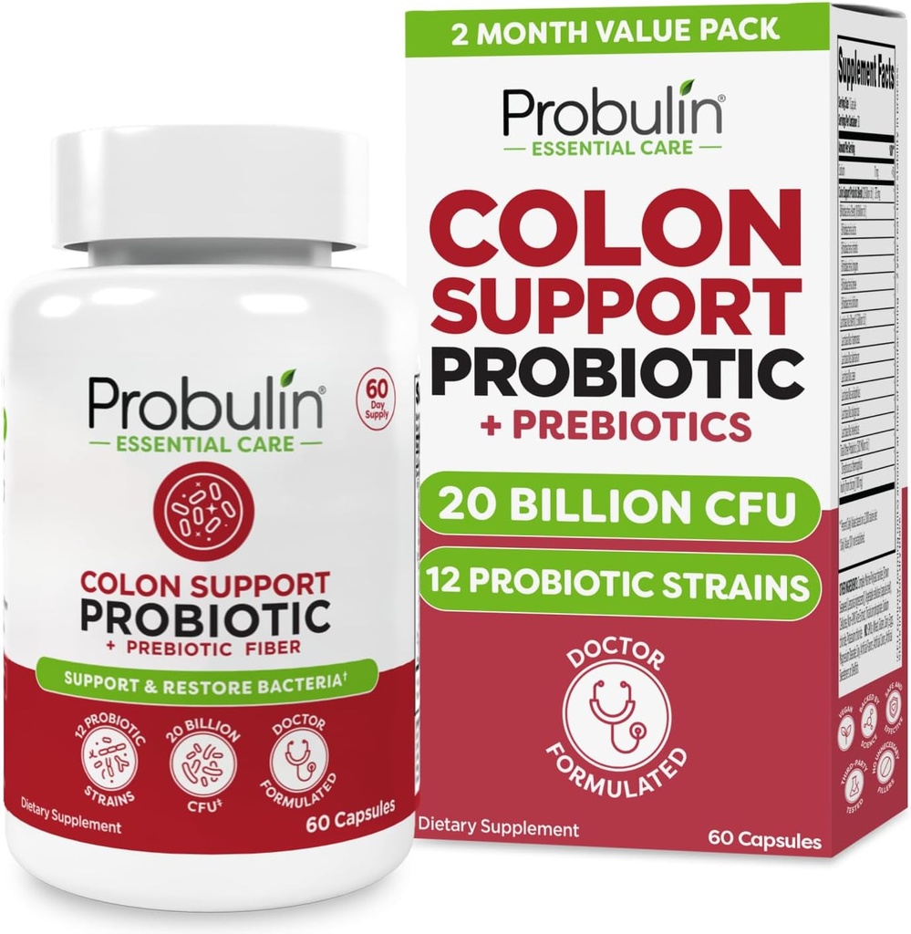 Probulin Kolon Destek Probiyotik Supplement, Daily Gut, Digestive ve Immune Health Probiyotiks Capsules for Men and Women, 20 Milyar CFU, Vegan, 60