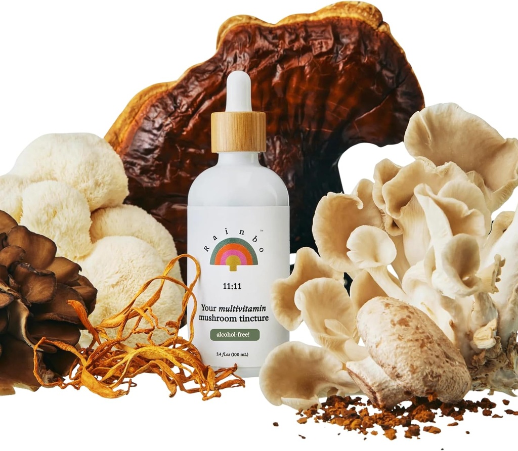 Rainbo - 11:11 Çok Mushroom Tincture - 11-in-1 Alkol Ücretsiz - Çift Türlü Mushroom Mix - Kapsamlı Immune Support, Brain Support, Liquid Lion's Mane & Turkey Tail, Vegan, Non GMO, 3.4 fl ozzz