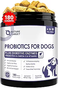 NATURE TARGET Probiotics for Dogs, 6 Billion CFUs, Freeze Dried Dog Probiotics with Prebiotics & Enzymes for Diarrhea, Gas, Vitamins & Omega 3 for Skin & Immune Health, Allergy Itch Relief, 180 Count