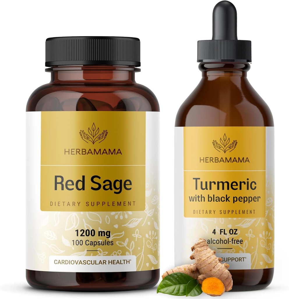 HERBAMAMA Red Sage ve Turmeric Kit - 1200 mg Red Sage Dan Shen Capsules & Turmeric Curcumin Drops 2 fl oz - Vegan, Non-GMO, Sugar & Alkol-Free - 2 Pack Red Sage Dan Shen Capsules & Turmeric Curcumin Drops 2 fl oz - Vegan, Non-GMO, Sugar & Alkol-Free - 2 Pack