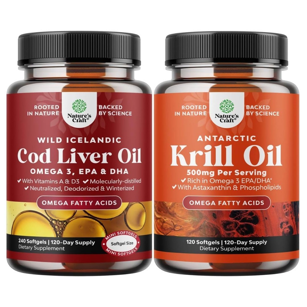 Bundle of Icelandic Wild Caught Cod Liver Oil Softgels - Fish Omega 3, EPA, DHA, Vitamin D & A and Antarctic Krill Oil Softgels - High Absorption Omega 3 Fatty Acid with Potent EPA DHA Astaxanthin