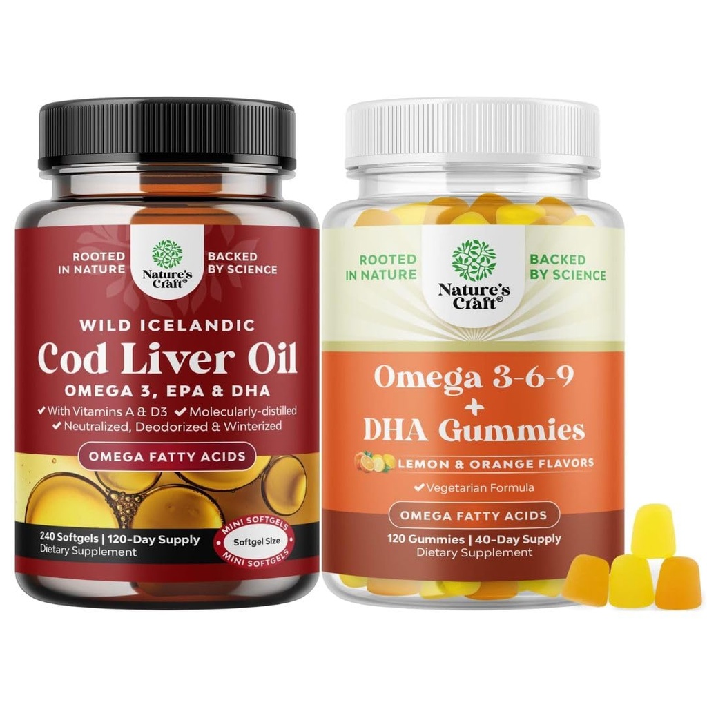 Bundle of Icelandic Wild Caught Cod Liver Oil Softgels - Fish Omega 3, EPA, DHA, Vitamin D & A and Omega 3 Gummies - Vegetarian Omega 3 6 9 DHA Gummies for Brain Bone Heart Health and Joint Support