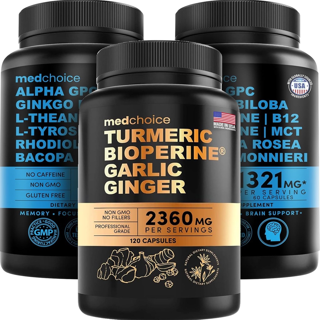 MEDCHOICE Turmeric & Ginger (120ct) and Nootropic Brain (120ct) Supplement Sche - Wellness Duo for Common, Digestion, Brain, & Mood Support - Vegan, Non-GMO, Gluten-Free